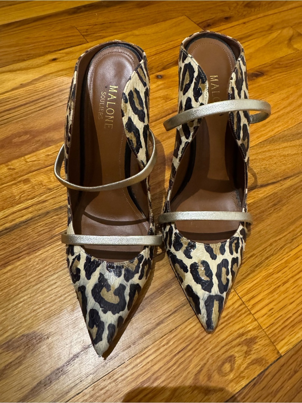 Malone Souliers Leopard Print Pointed-Toe Mary Jane Pumps with Gold Straps